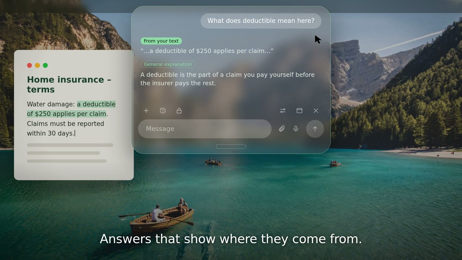 Stillbild ur demovideon: Kliv-panelen visar frågan om självrisk, ett citat märkt ”From your text” och en allmän förklaring bredvid ett markerat dokument.