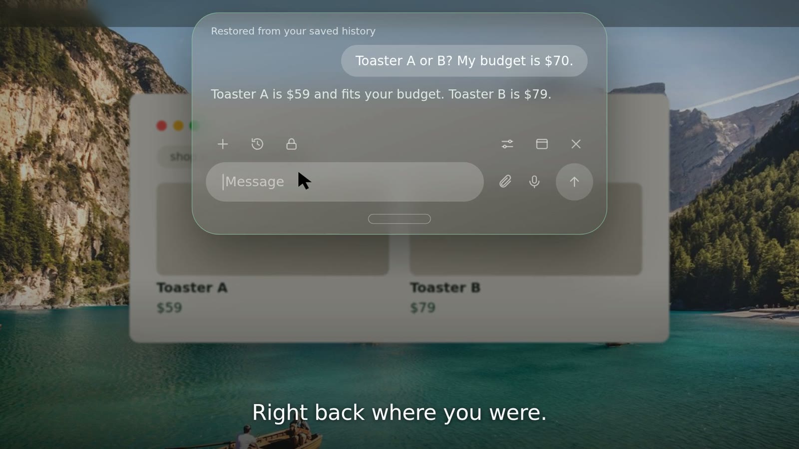 Stillbild ur demovideon: Kliv-panelen visar ”Restored from your saved history” med en tidigare fråga om två brödrostar och svaret.